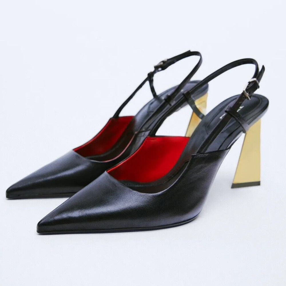 ZARA WOMAN LEATHER SLINGBACK SHOES WITH METAL block HEEL BLACK SZ 10 Eur 41